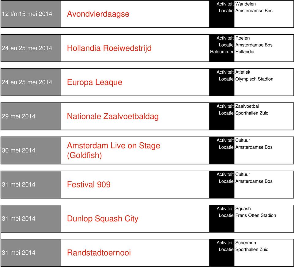 Activiteit Zaalvoetbal 30 mei 2014 Amsterdam Live on Stage (Goldfish) 31 mei 2014 Festival 909 31 mei 2014