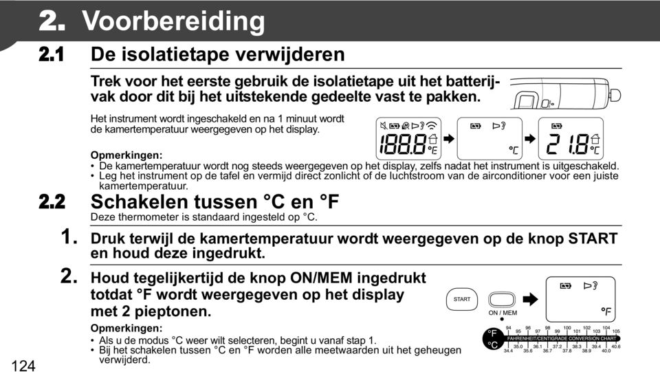 Opmerkingen: De kamertemperatuur wordt nog steeds weergegeven op het display, zelfs nadat het instrument is uitgeschakeld.