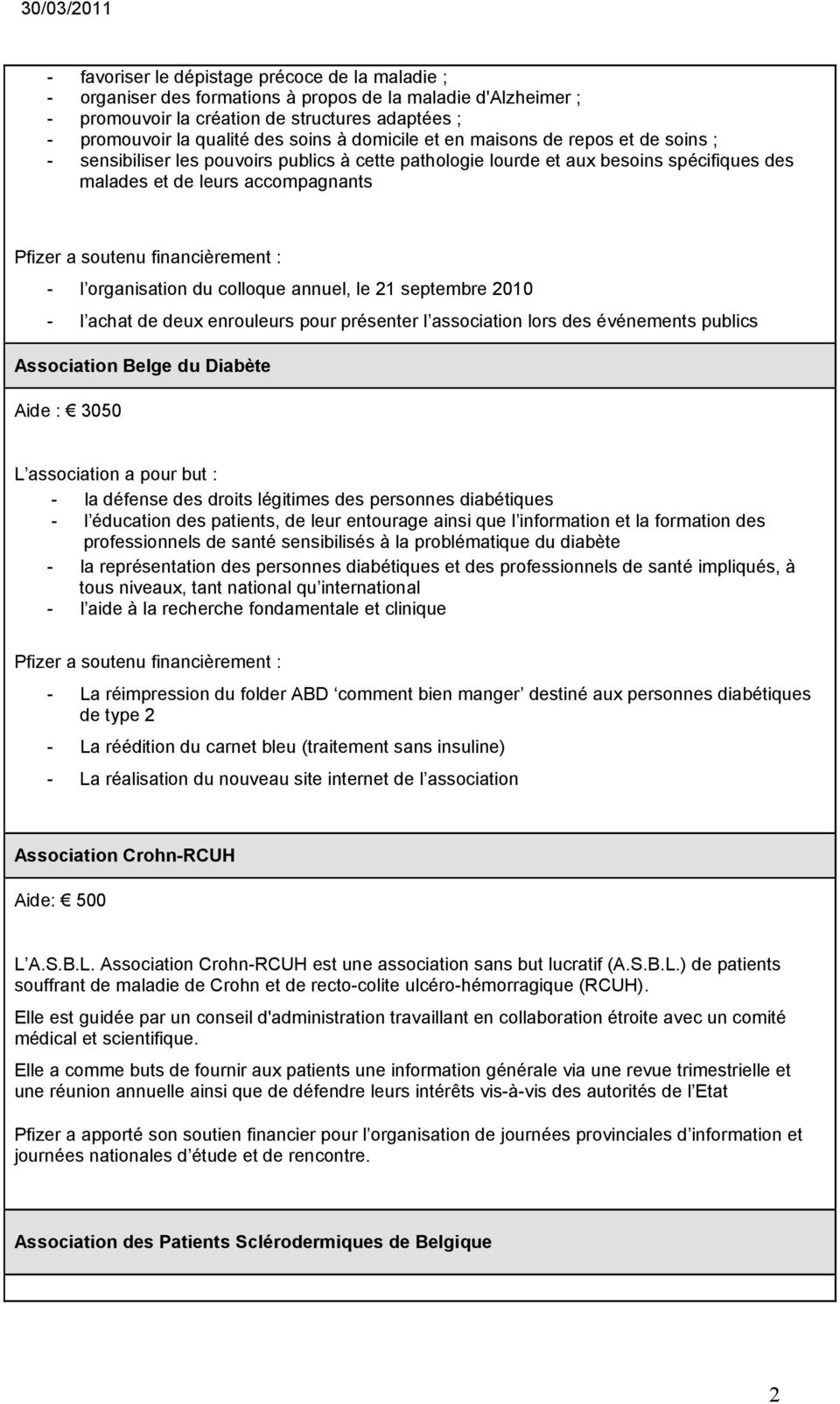 financièrement : - l organisation du colloque annuel, le 21 septembre 2010 - l achat de deux enrouleurs pour présenter l association lors des événements publics Association Belge du Diabète Aide :