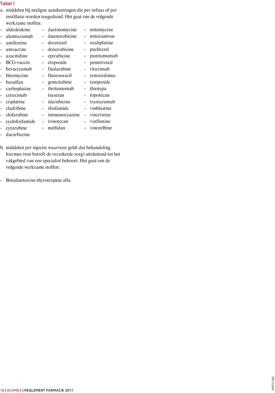 cisplatine - cladribine - clofarabine - cyclofosfamide - cytarabine - dacarbazine - dactinomycine - daunorubicine - docetaxel - doxorubicine - epirubicine - etoposide - fludarabine - fluorouracil -