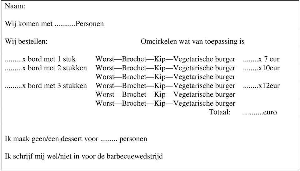 ..x 7 eur Worst Brochet Kip Vegetarische burger.