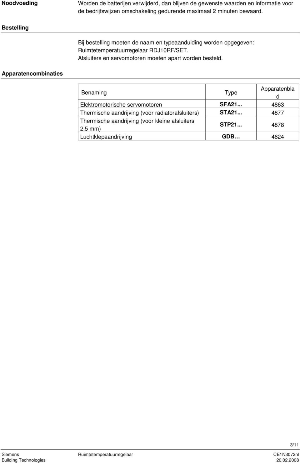 Afsluiters en servomotoren moeten apart worden besteld. Apparatencombinaties Benaming ype Apparatenbla d Elektromotorische servomotoren SFA21.