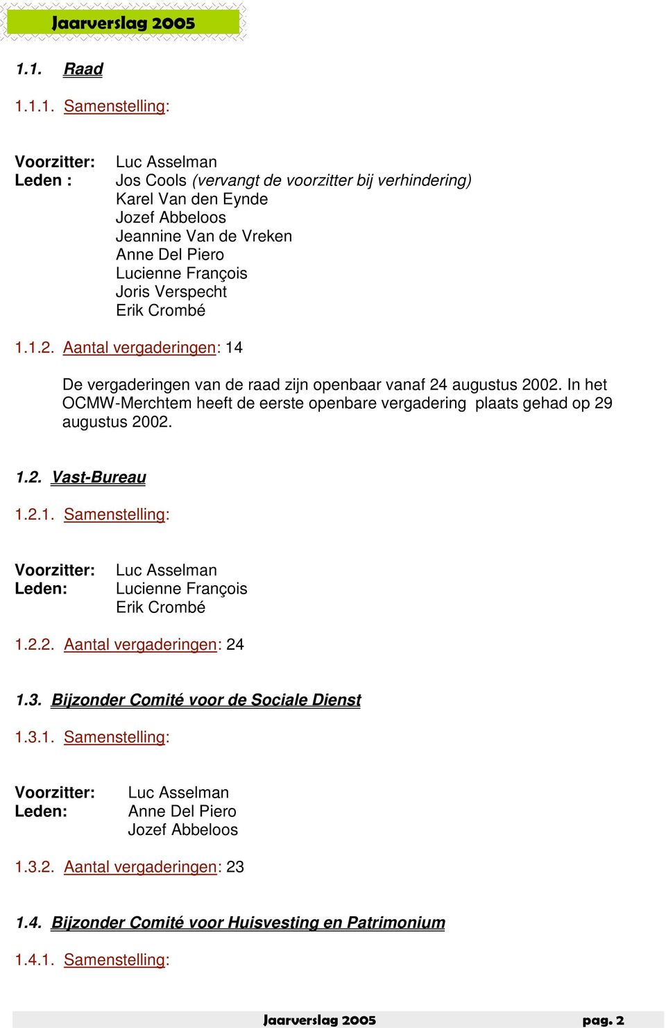 François Joris Verspecht Erik Crombé 1.1.2. Aantal vergaderingen: 14 De vergaderingen van de raad zijn openbaar vanaf 24 augustus 2002.