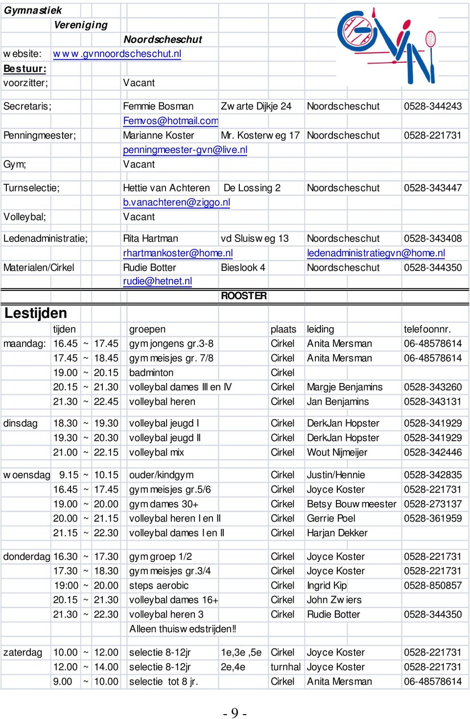 nl Vacant Turnselectie; Hettie van Achteren De Lossing 2 Noordscheschut 0528-343447 Volleybal; b.vanachteren@ziggo.