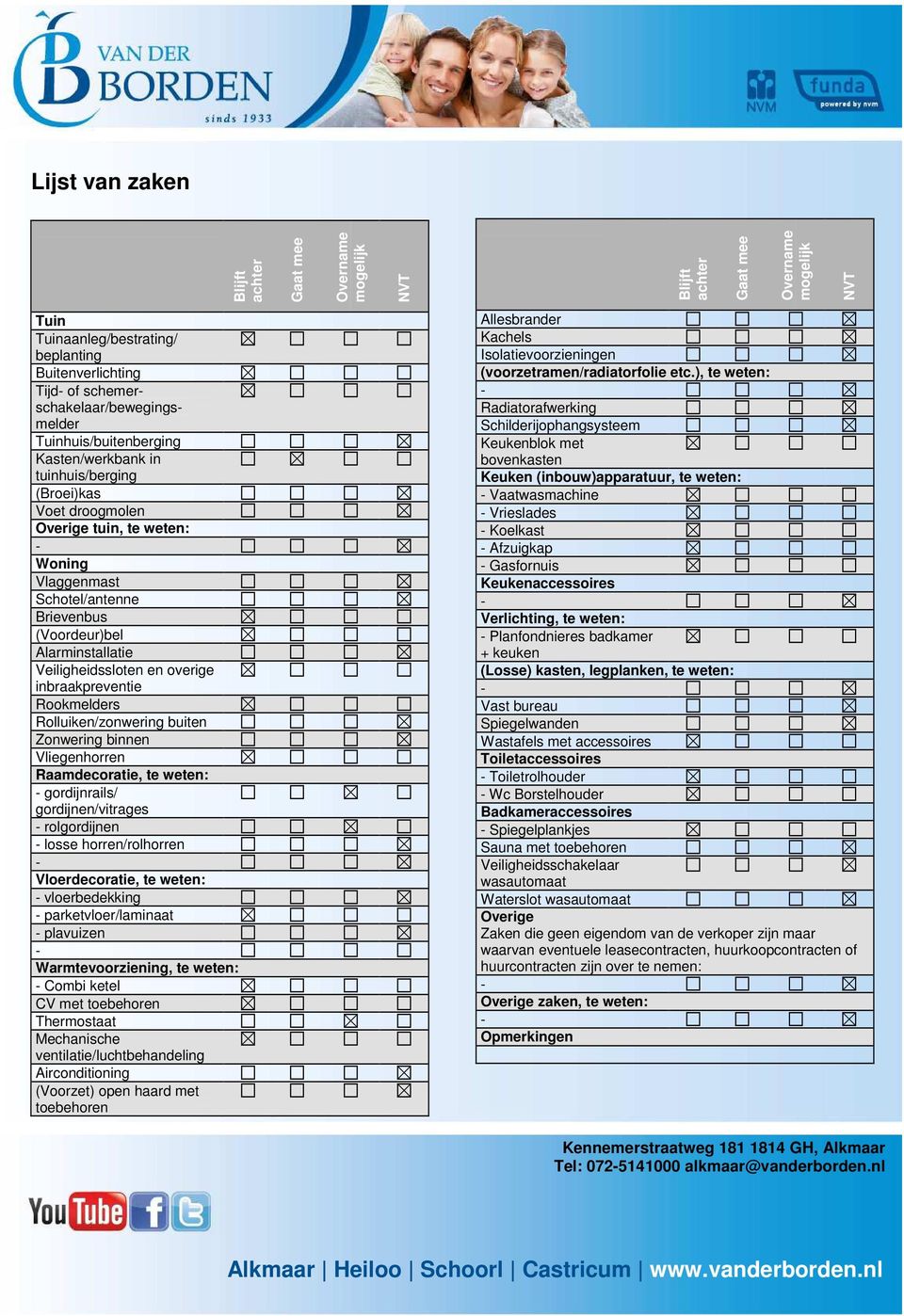 (Voordeur)bel Alarminstallatie Veiligheidssloten en overige inbraakpreventie Rookmelders Rolluiken/zonwering buiten Zonwering binnen Vliegenhorren Raamdecoratie, te weten: gordijnrails/