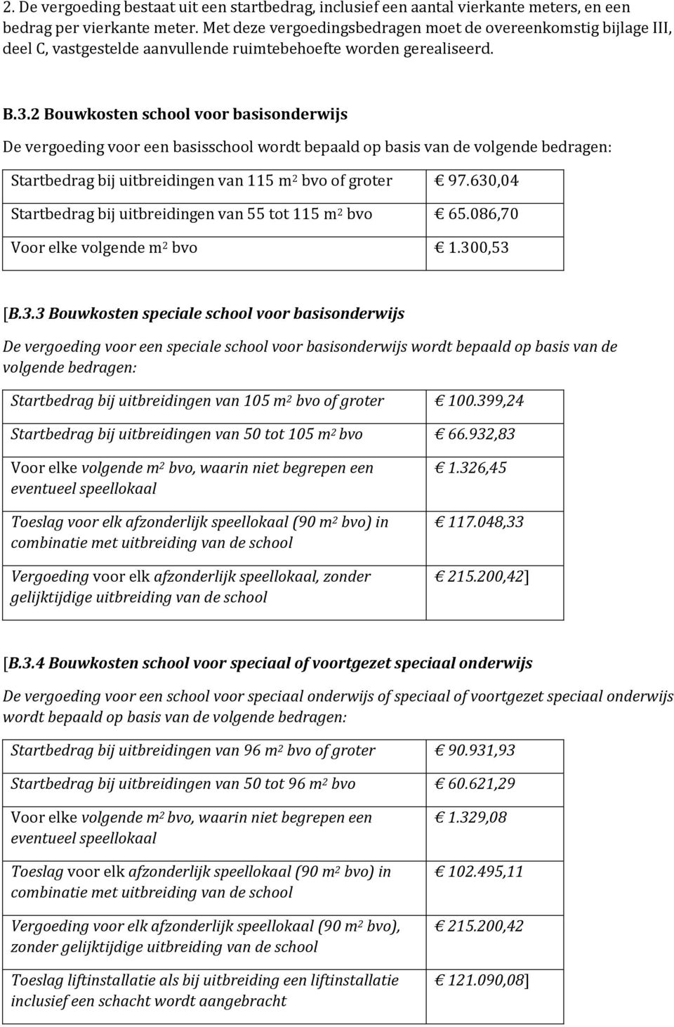 2 Bouwkosten school voor basisonderwijs De vergoeding voor een basisschool wordt bepaald op basis van de volgende bedragen: Startbedrag bij uitbreidingen van 115 m 2 bvo of groter 97.