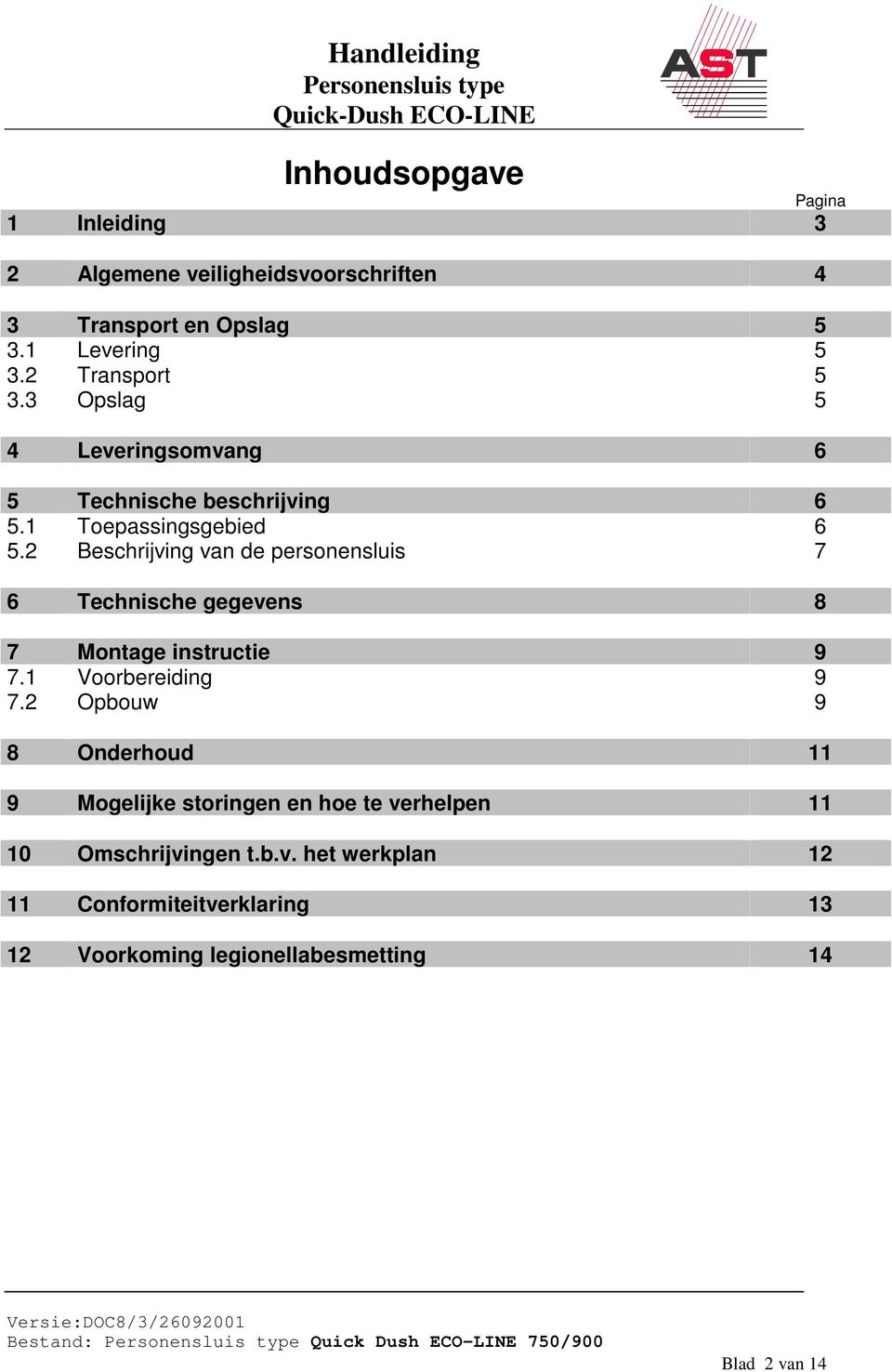 2 Beschrijving van de personensluis 7 6 Technische gegevens 8 7 Montage instructie 9 7.1 Voorbereiding 9 7.