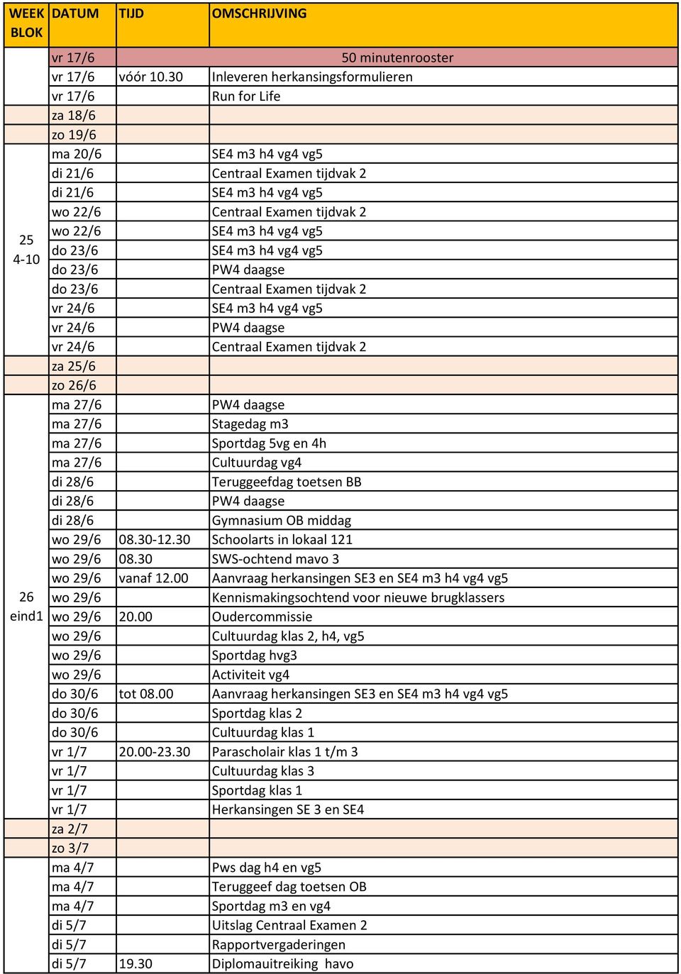 Centraal Examen tijdvak 2 vr 24/6 vr 24/6 PW4 daagse vr 24/6 Centraal Examen tijdvak 2 za 25/6 zo 26/6 ma 27/6 PW4 daagse ma 27/6 Stagedag m3 ma 27/6 Sportdag 5vg en 4h ma 27/6 Cultuurdag vg4 di 28/6