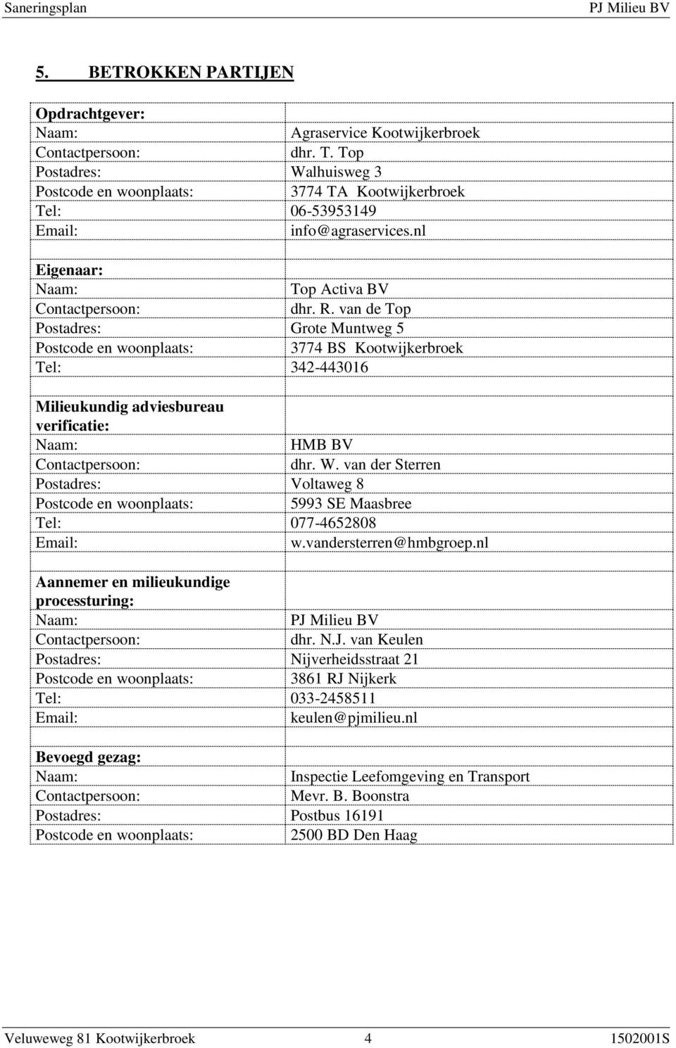 van de Top Postadres: Grote Muntweg 5 Postcode en woonplaats: 3774 BS Kootwijkerbroek Tel: 342-443016 Milieukundig adviesbureau verificatie: Naam: HMB BV Contactpersoon: dhr. W.