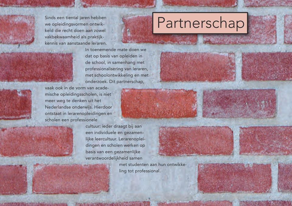 Dit partnerschap, vaak ook in de vorm van academische opleidingsscholen, is niet meer weg te denken uit het Nederlandse onderwijs.