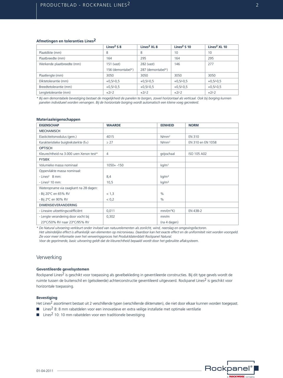 (mm) +0,5/-0,5 +0,5/-0,5 +0,5/-0,5 +0,5/-0,5 Lengtetolerantie (mm) +2/-2 +2/-2 +2/-2 +2/-2 * Bij een demontabele bevestiging bestaat de mogelijkheid de panelen te borgen, zowel horizontaal als