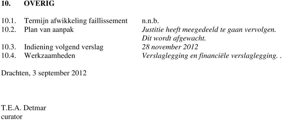 Dit wordt afgewacht. 10.3. Indiening volgend verslag 28 november 2012 10.4.