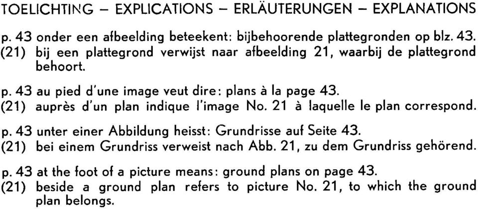 (21) bei einem Grundriss verweist nach Abb. 21, zu dem Grundriss gehörend. p. 43 at the foot of a picture means: ground plans on page 43.
