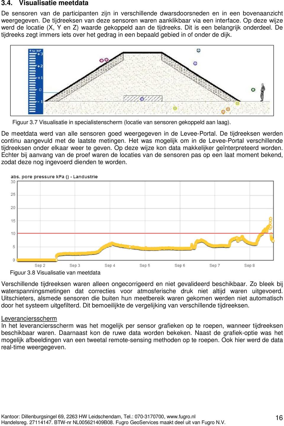 De tijdreeks zegt immers iets over het gedrag in een bepaald gebied in of onder de dijk. Figuur 3.7 Visualisatie in specialistenscherm (locatie van sensoren gekoppeld aan laag).