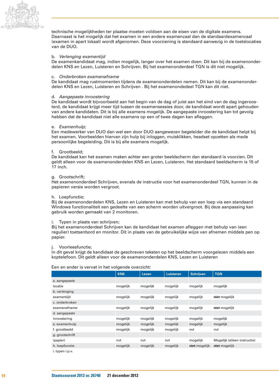 Deze voorziening is standaard aanwezig in de toetslocaties van de DUO. b. Verlenging examentijd De examenkandidaat mag, indien mogelijk, langer over het examen doen.