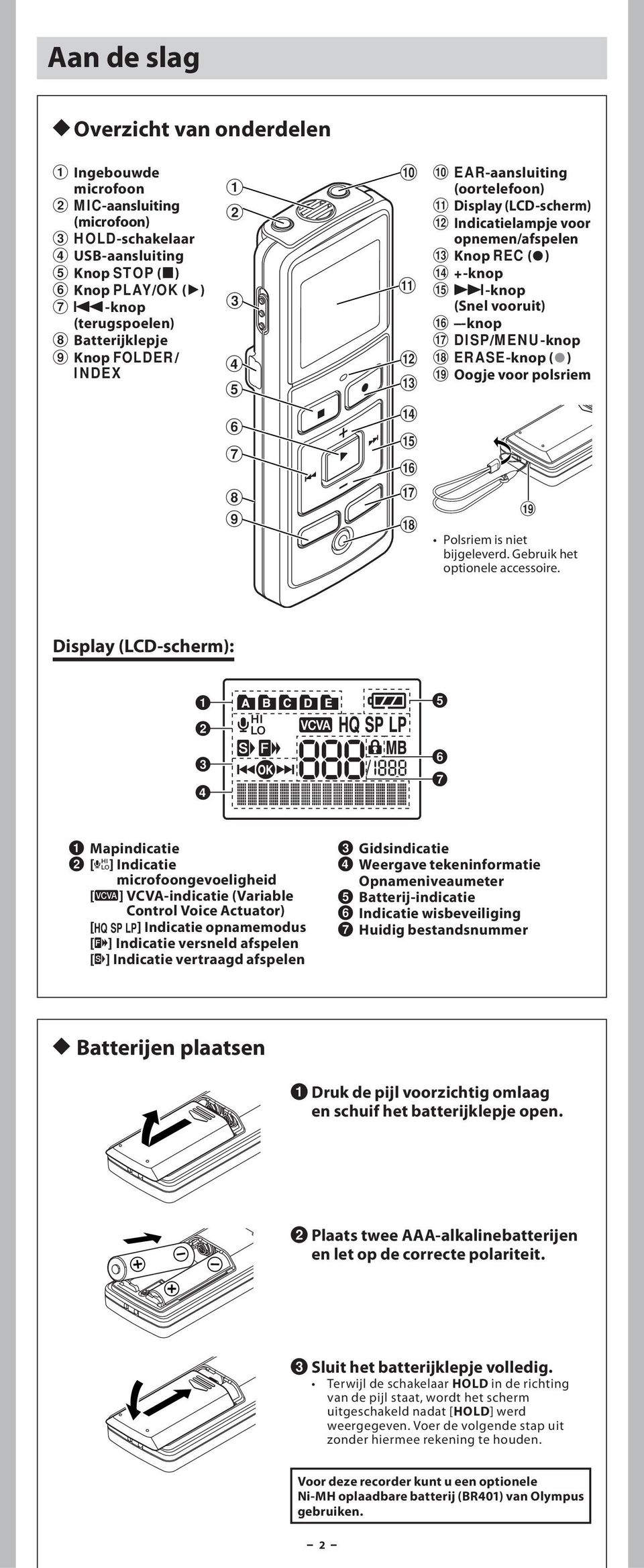 Display (LCD-scherm) @ Indicatielampje voor opnemen/afspelen # Knop REC (s) $ +-knop % 9-knop (Snel vooruit) ^ -knop & DISP/MENU-knop * ERASE-knop (s) ( Oogje voor polsriem ( Polsriem is niet