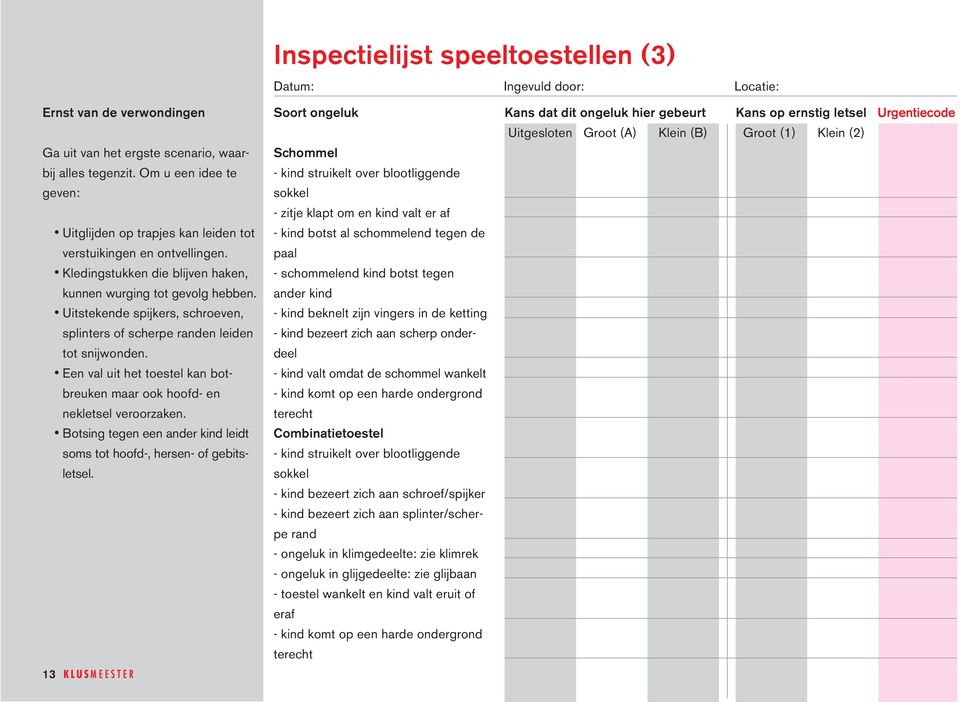 ander kind Uitstekende spijkers, schroeven, - kind beknelt zijn vingers in de ketting splinters of scherpe randen leiden - kind bezeert zich aan scherp onder- tot snijwonden.