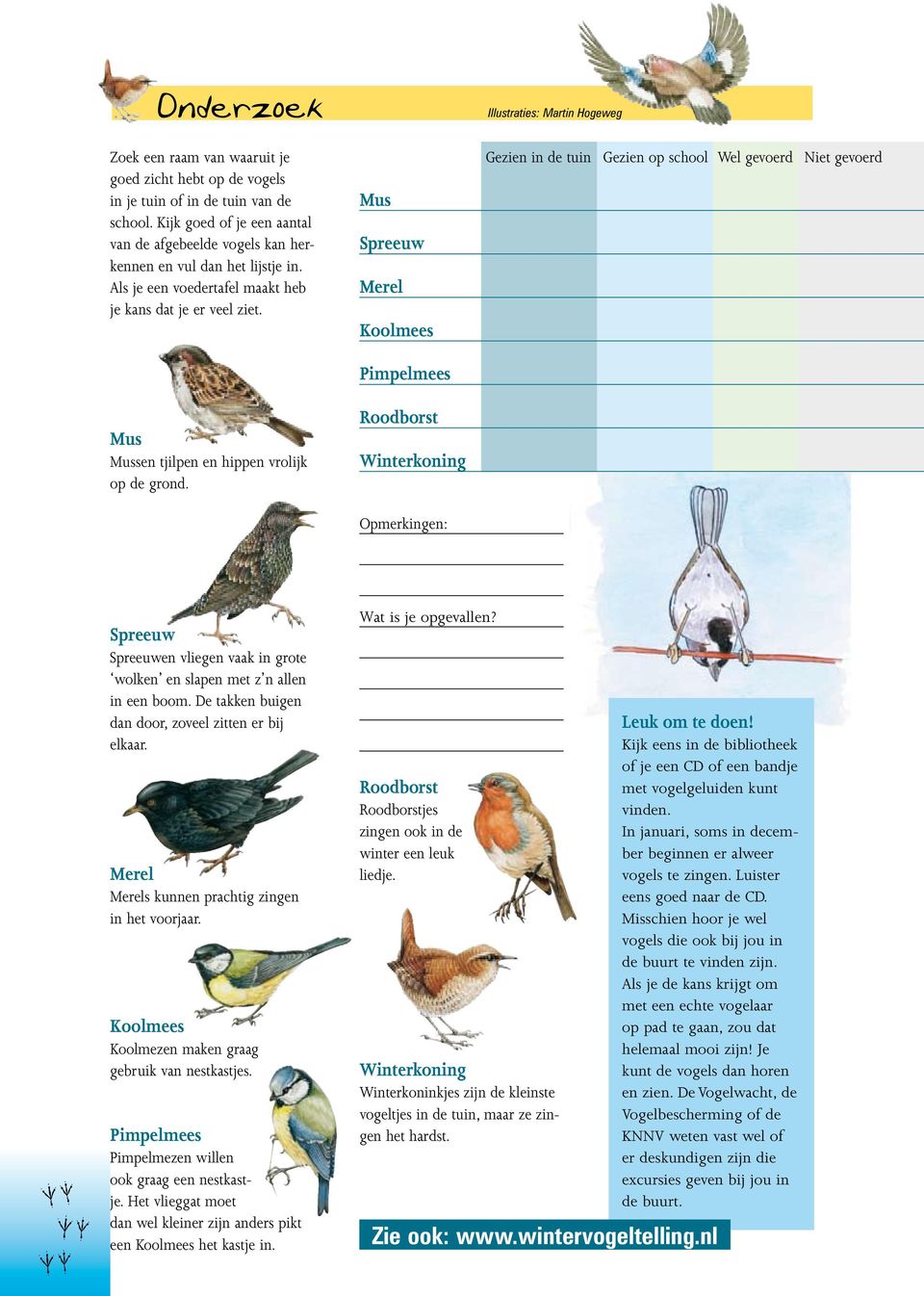 Mus Spreeuw Merel Koolmees Pimpelmees Roodborst Winterkoning Opmerkingen: Illustraties: Martin Hogeweg Gezien in de tuin Gezien op school Wel gevoerd Niet gevoerd Spreeuw Spreeuwen vliegen vaak in