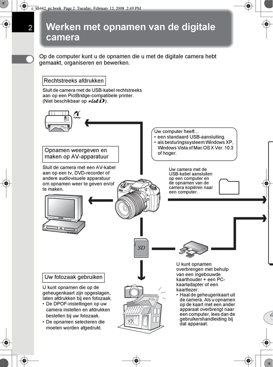 Rechtstreeks afdrukken Sluit de camera met de USB-kabel rechtstreeks aan op een PictBridge-compatibele printer. (Niet beschikbaar op w).