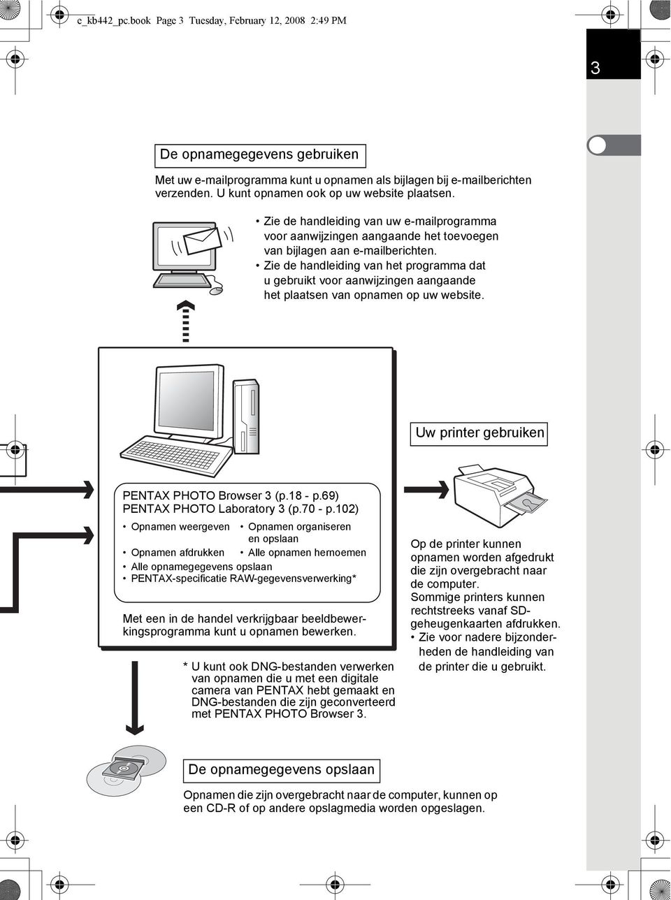 Zie de handleiding van het programma dat u gebruikt voor aanwijzingen aangaande het plaatsen van opnamen op uw website. Uw printer gebruiken PENTAX PHOTO Browser 3 (p.18 - p.