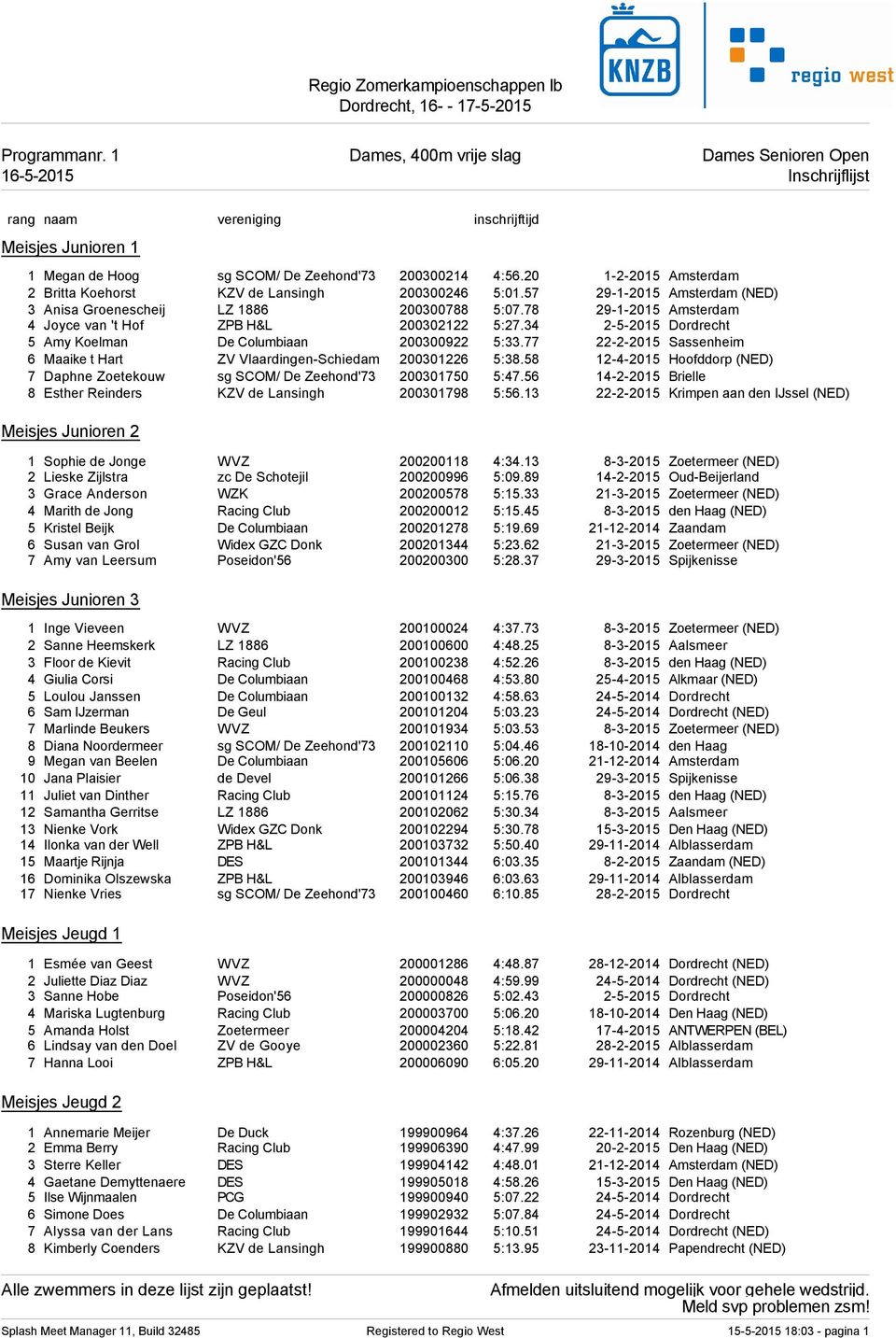 78 29-1-2015 Amsterdam 4 Joyce van 't Hof ZPB H&L 200302122 5:27.34 2-5-2015 Dordrecht 5 Amy Koelman De Columbiaan 200300922 5:33.