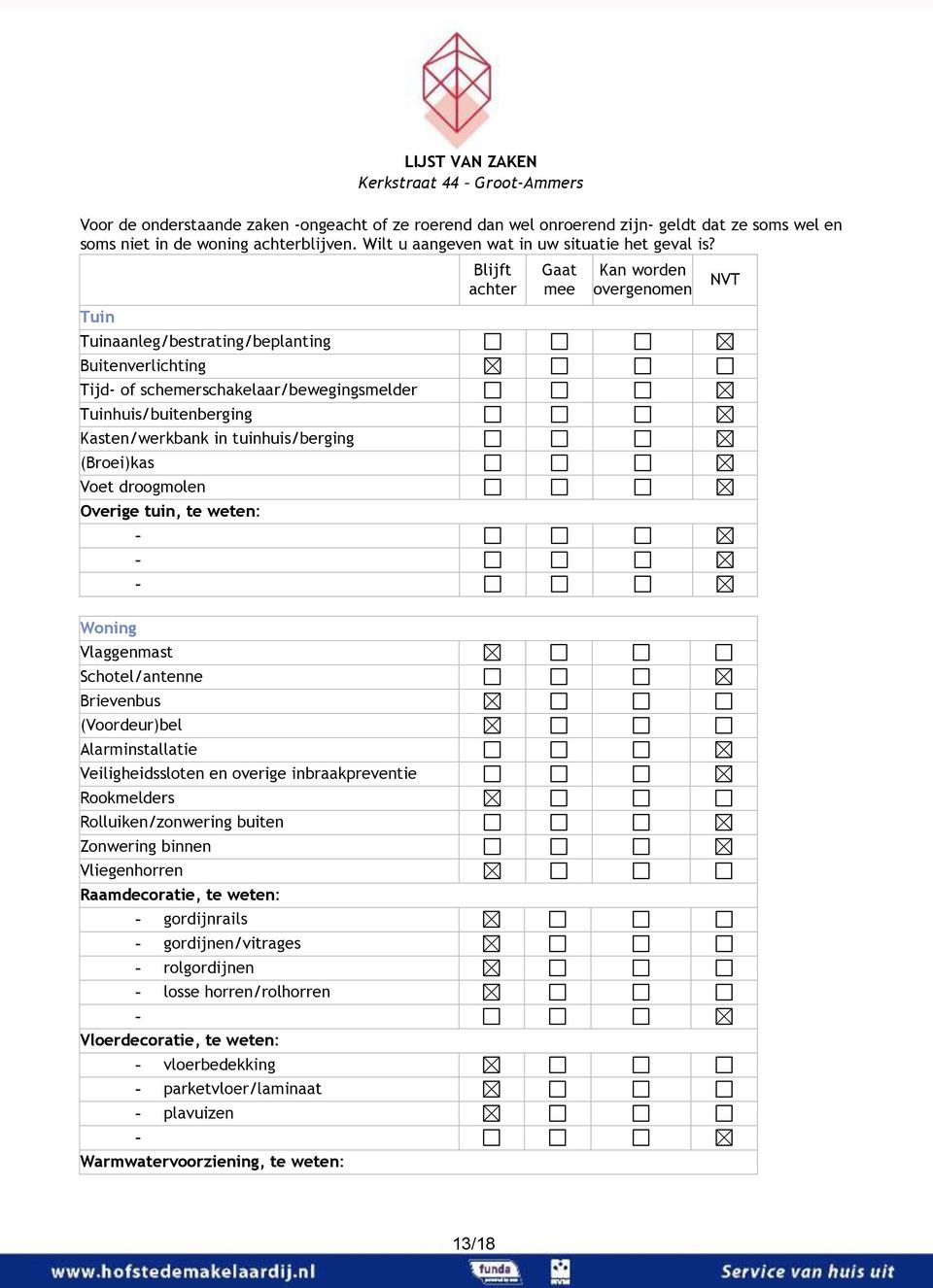 Tuin Tuinaanleg/bestrating/beplanting Buitenverlichting Tijd of schemerschakelaar/bewegingsmelder Tuinhuis/buitenberging Kasten/werkbank in tuinhuis/berging (Broei)kas Voet droogmolen Overige tuin,