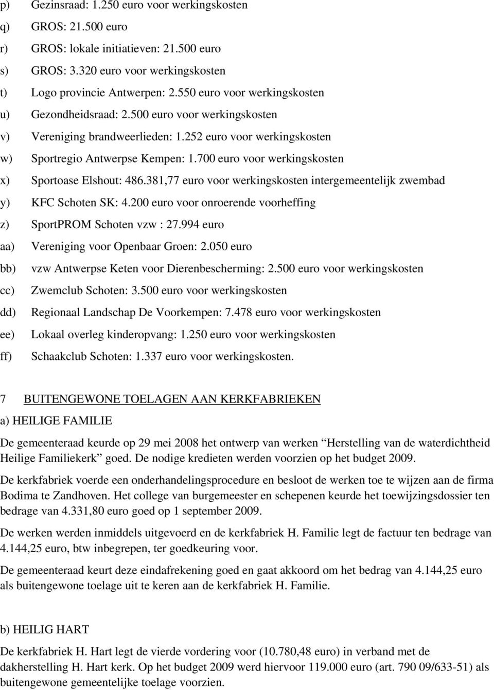 700 euro voor werkingskosten x) Sportoase Elshout: 486.381,77 euro voor werkingskosten intergemeentelijk zwembad y) KFC Schoten SK: 4.
