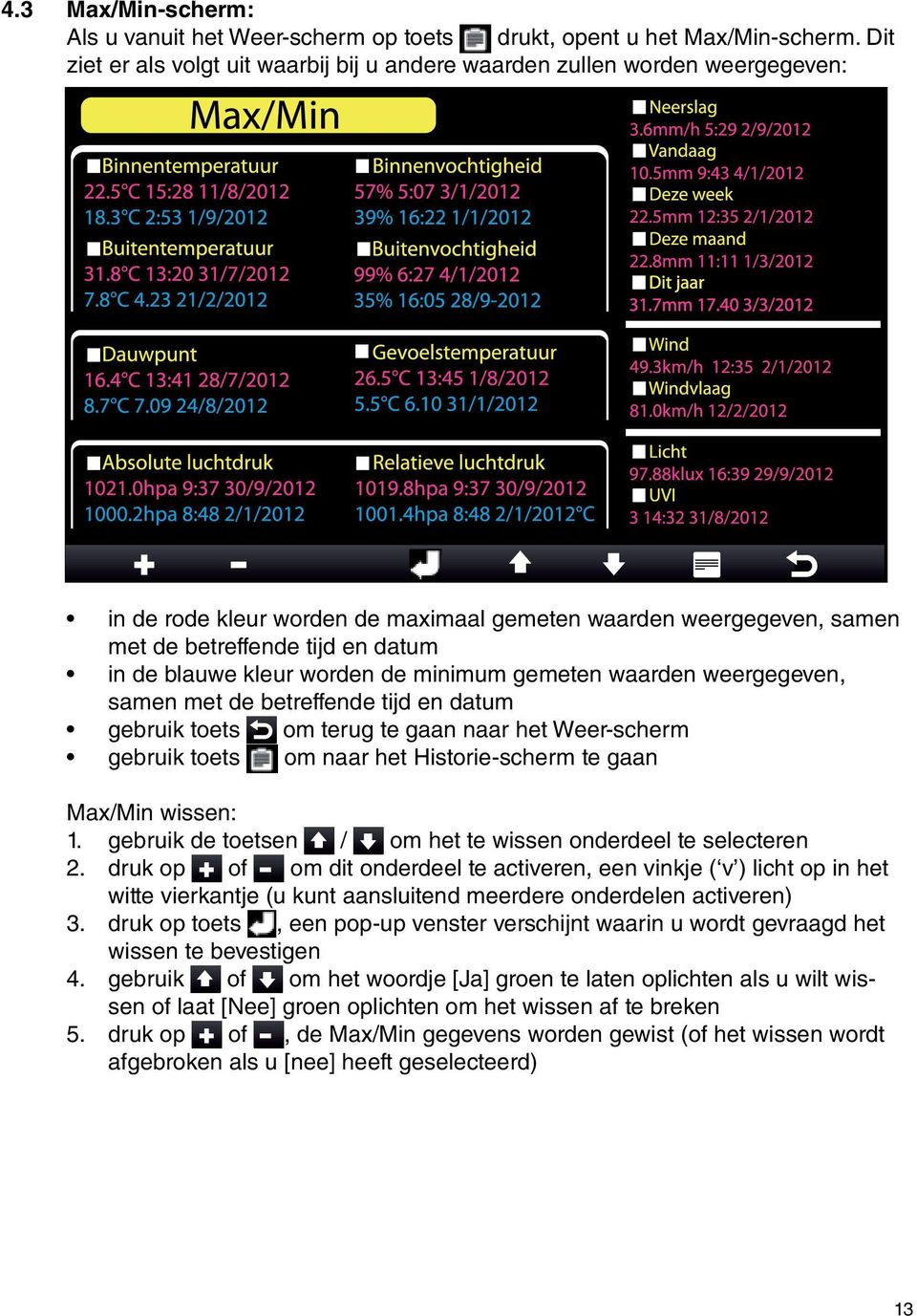 kleur worden de minimum gemeten waarden weergegeven, samen met de betreffende tijd en datum gebruik toets om terug te gaan naar het Weer-scherm gebruik toets om naar het Historie-scherm te gaan