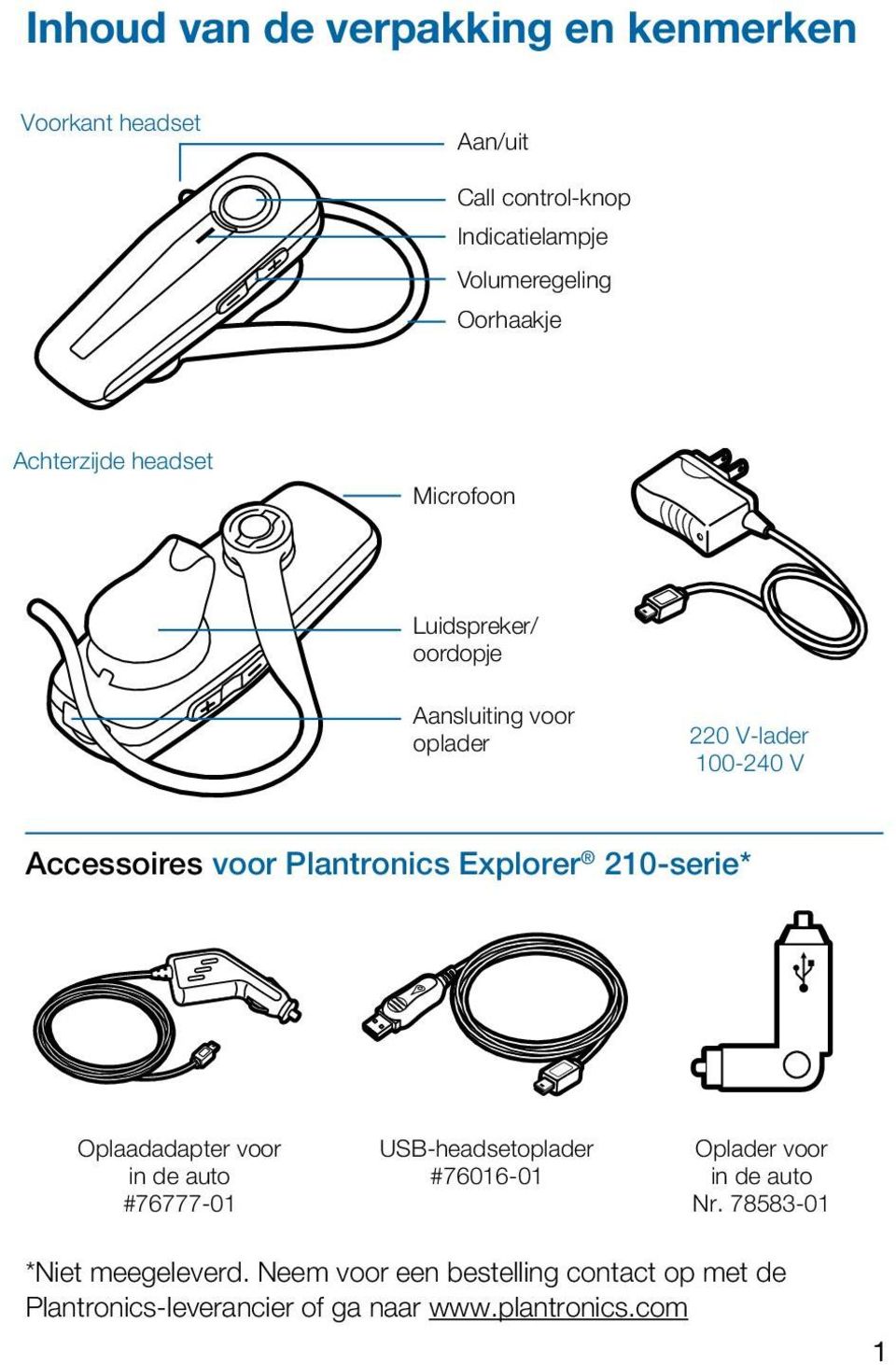 Plantronics Explorer 210-serie* Oplaadadapter voor in de auto #76777-01 USB-headsetoplader #76016-01 Oplader voor in de