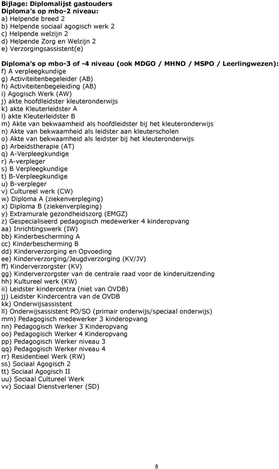 hoofdleidster kleuteronderwijs k) akte Kleuterleidster A l) akte Kleuterleidster B m) Akte van bekwaamheid als hoofdleidster bij het kleuteronderwijs n) Akte van bekwaamheid als leidster aan