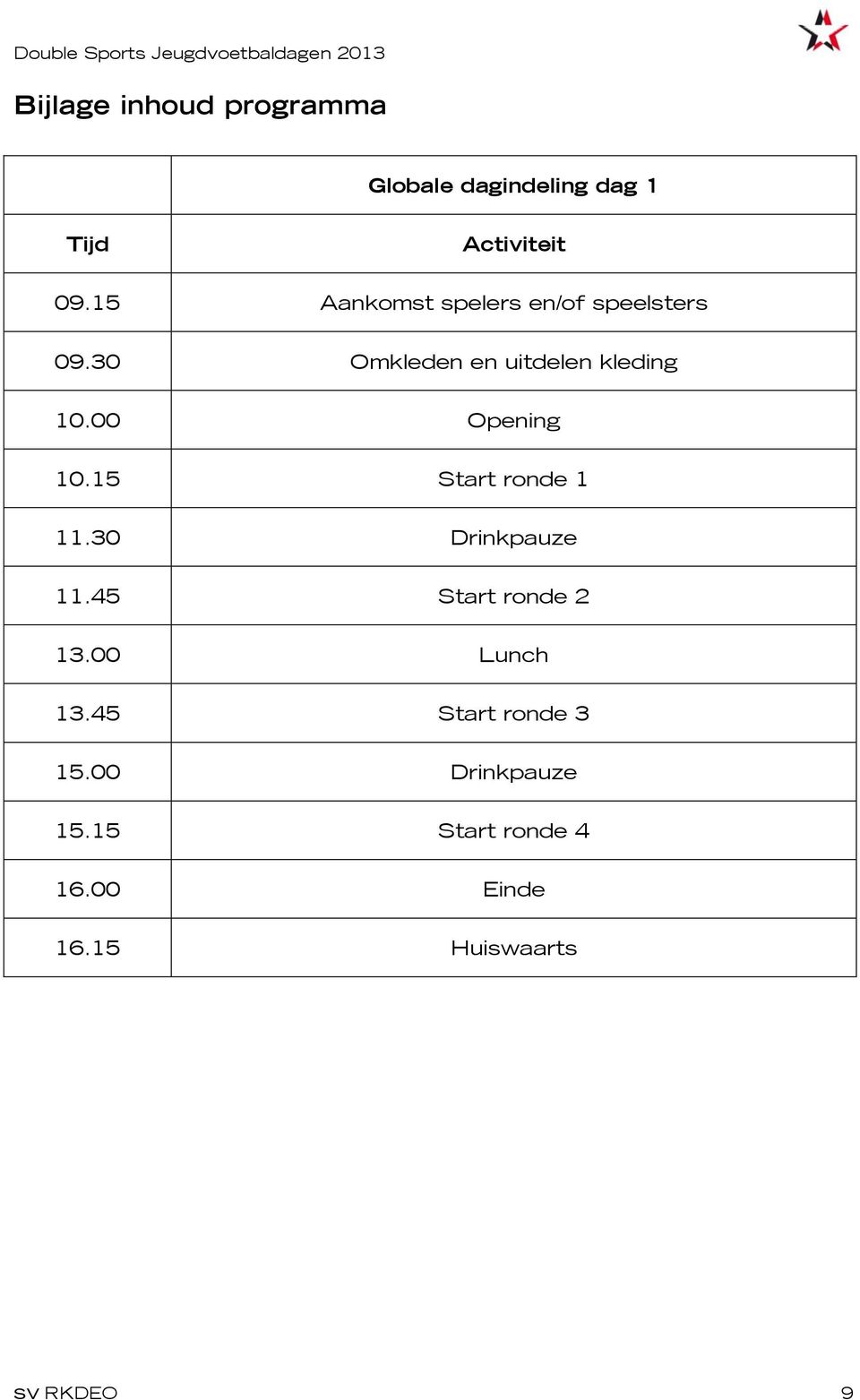 00 Opening 10.15 Start ronde 1 11.30 Drinkpauze 11.45 Start ronde 2 13.