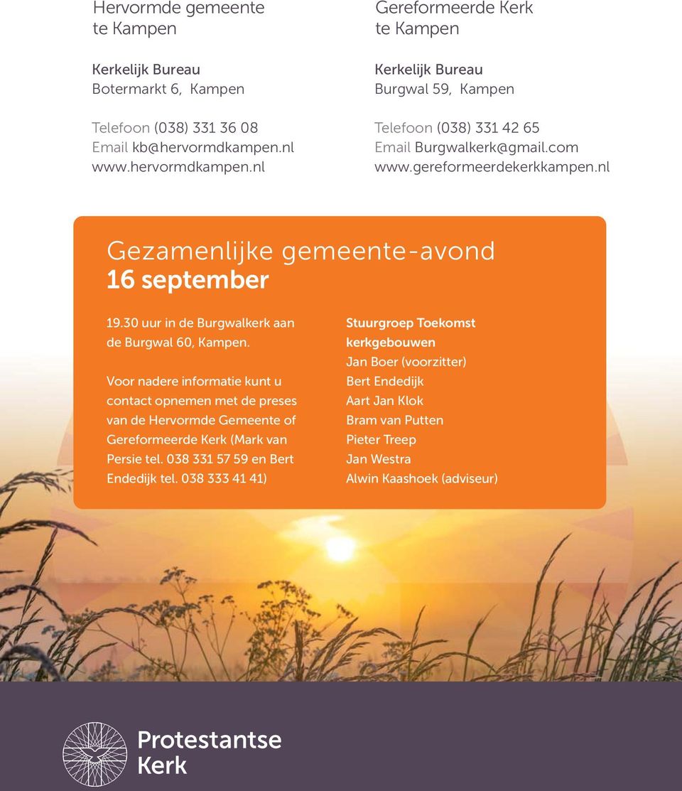 nl Gezamenlijke gemeente-avond 16 september 19.30 uur in de Burgwalkerk aan de Burgwal 60, Kampen.