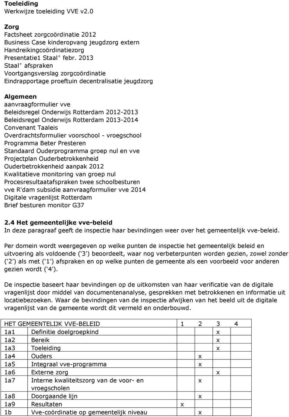 Onderwijs Rotterdam 2013-2014 Convenant Taaleis Overdrachtsformulier voorschool - vroegschool Programma Beter Presteren Standaard Ouderprogramma groep nul en vve Projectplan Ouderbetrokkenheid