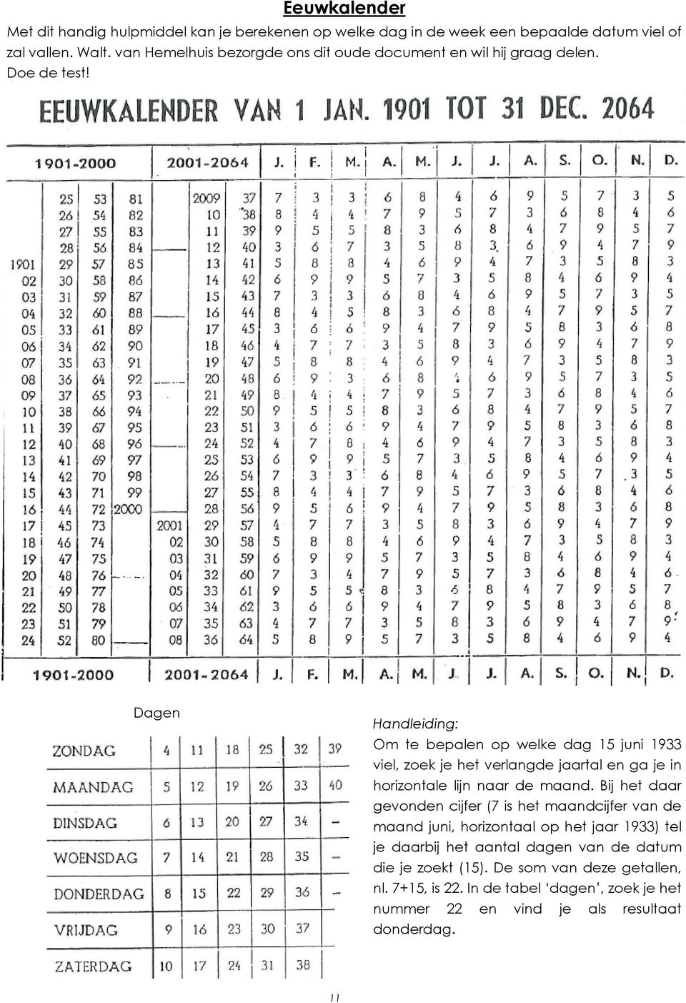 Dagen Handleiding: Om te bepalen op welke dag 15 juni 1933 viel, zoek je het verlangde jaartal en ga je in horizontale lijn naar de maand.