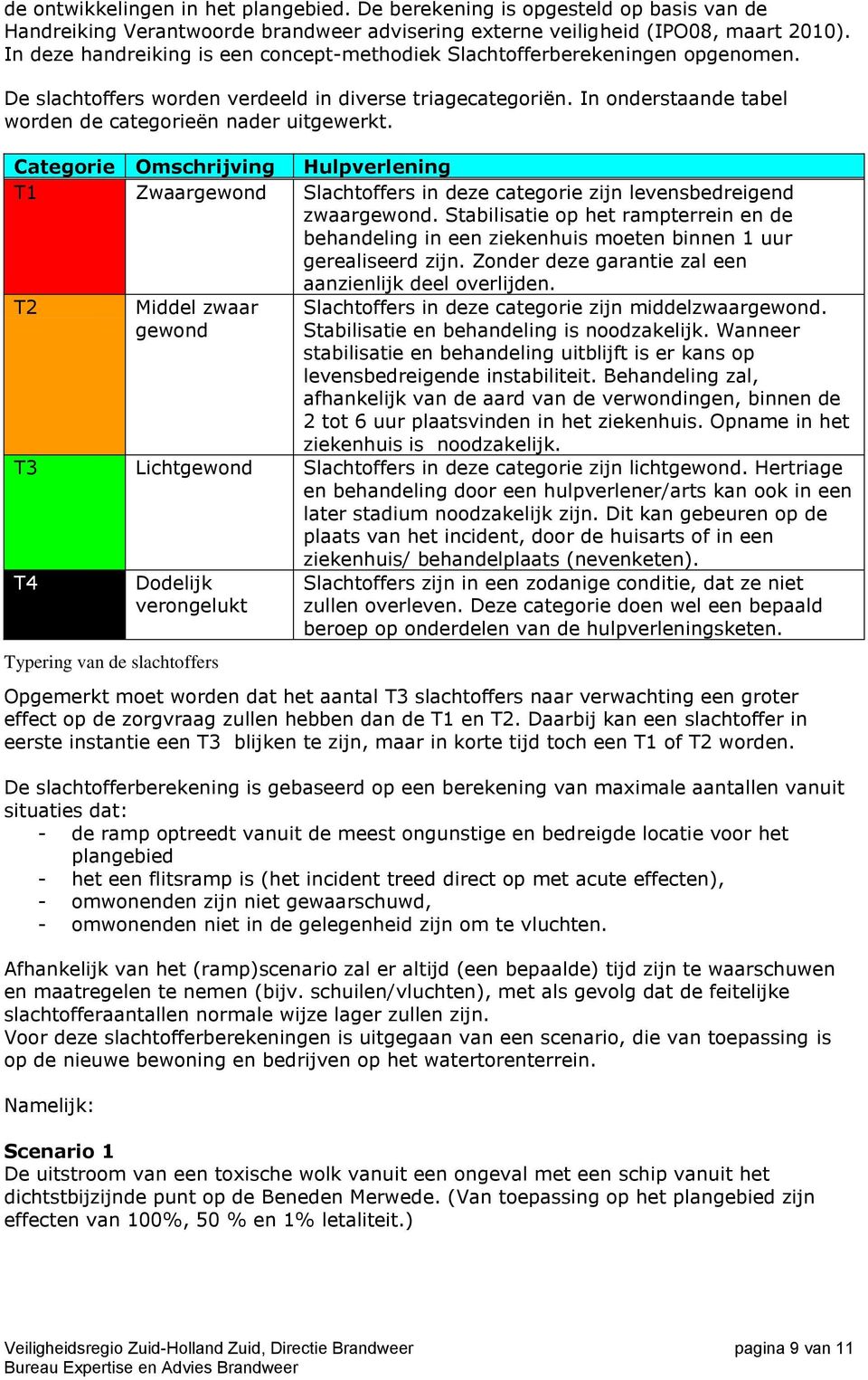 In onderstaande tabel worden de categorieën nader uitgewerkt. Categorie Omschrijving Hulpverlening T1 Zwaargewond Slachtoffers in deze categorie zijn levensbedreigend zwaargewond.