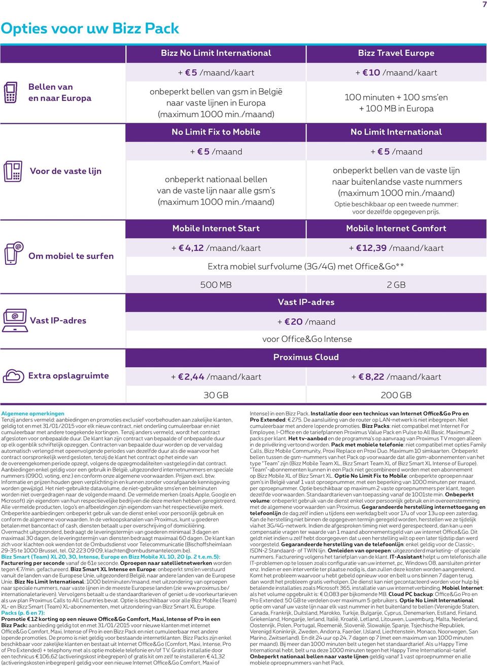 /maand) 100 minuten + 100 sms en + 100 MB in Europa No Limit Fix to Mobile No Limit International + 5 /maand + 5 /maand Voor de vaste lijn onbeperkt nationaal bellen van de vaste lijn naar alle gsm s