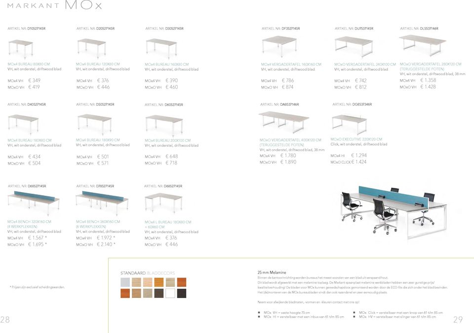 vergadertafel 160x160 CM VH, wit onderstel, driftwood blad MOx4 VH 786 MOxO VH 874 MOxO vergadertafel 240x100 CM VH, wit onderstel, driftwood blad MOx4 VH 742 MOxO VH 812 MOxO vergadertafel 280x120