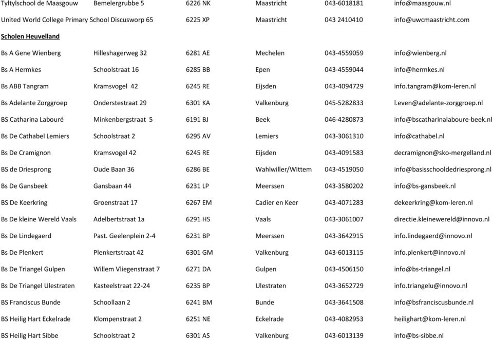 nl Bs ABB Tangram Kramsvogel 42 6245 RE Eijsden 043-4094729 info.tangram@kom-leren.nl Bs Adelante Zorggroep Onderstestraat 29 6301 KA Valkenburg 045-5282833 l.even@adelante-zorggroep.