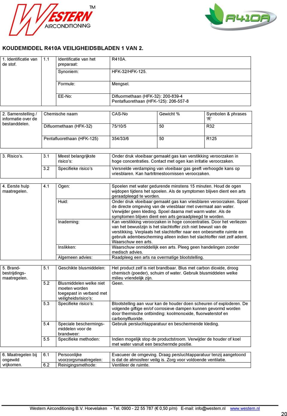 Chemische naam CAS-No Gewicht % Symbolen & phrases R Difluormethaan (HFK-32) 75/10/5 50 R32 Pentafluorethaan (HFK-125) 35