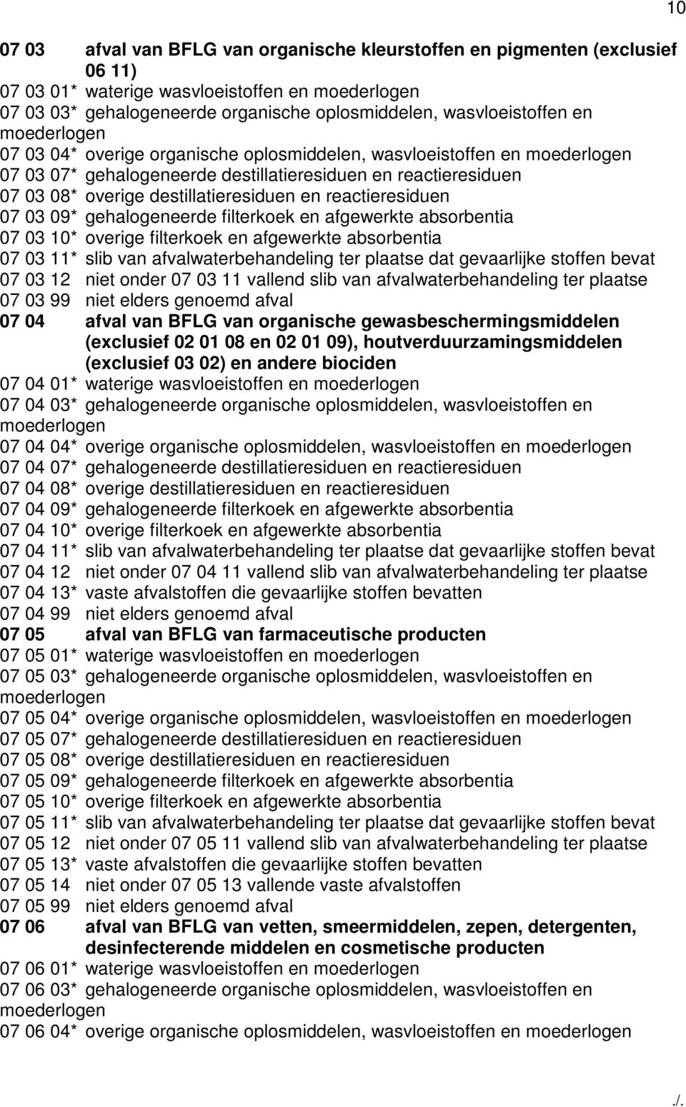 reactieresiduen 07 03 09* gehalogeneerde filterkoek en afgewerkte absorbentia 07 03 10* overige filterkoek en afgewerkte absorbentia 07 03 11* slib van afvalwaterbehandeling ter plaatse dat