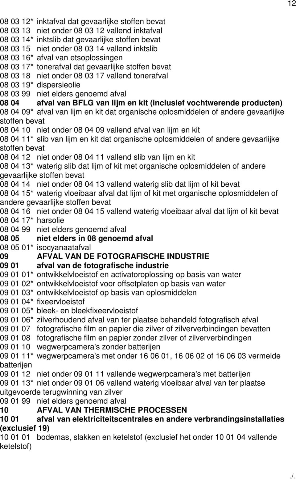 afval van BFLG van lijm en kit (inclusief vochtwerende producten) 08 04 09* afval van lijm en kit dat organische oplosmiddelen of andere gevaarlijke stoffen bevat 08 04 10 niet onder 08 04 09 vallend