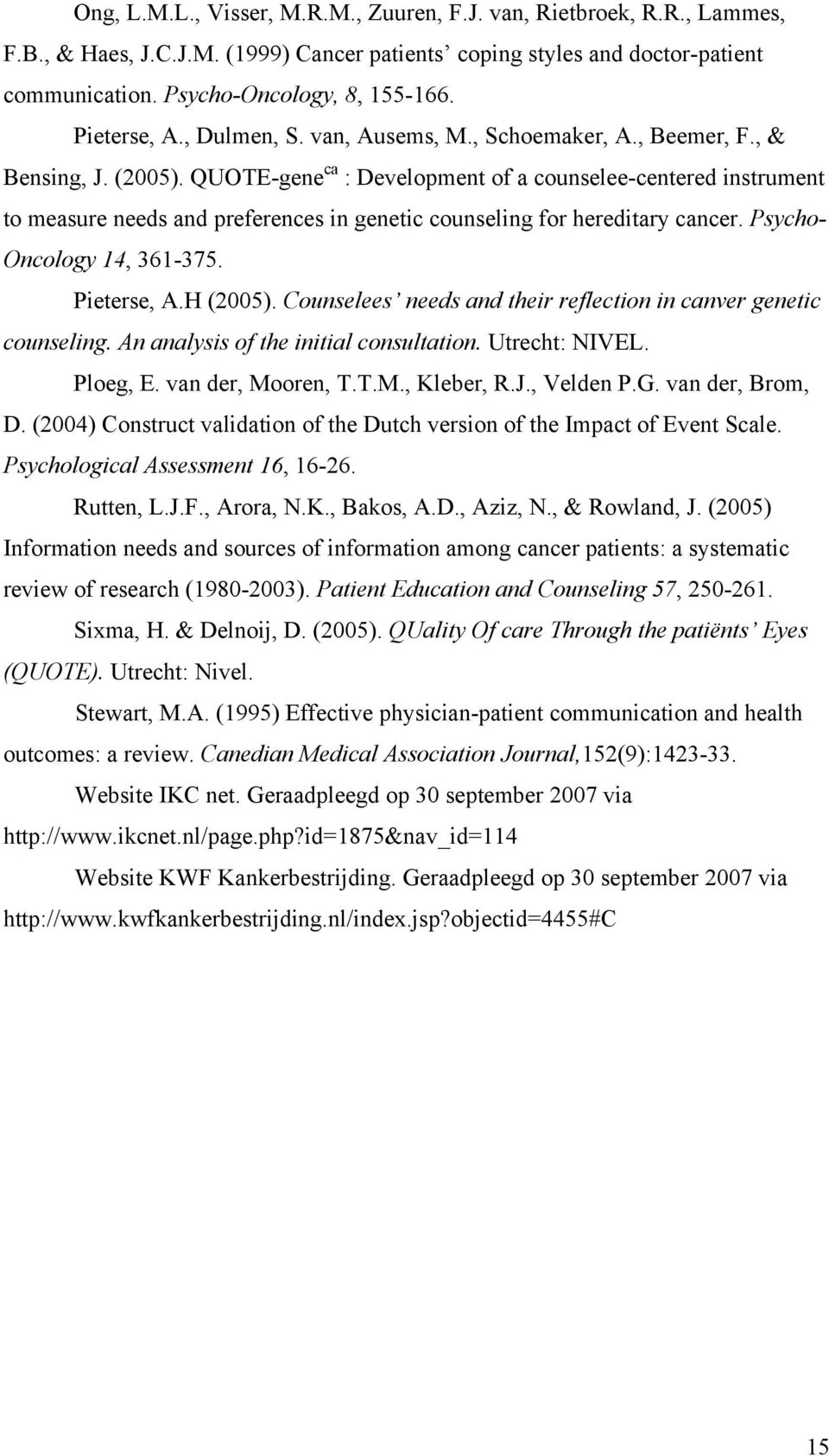 QUOTE-gene ca : Development of a counselee-centered instrument to measure needs and preferences in genetic counseling for hereditary cancer. Psycho- Oncology 14, 361-375. Pieterse, A.H (2005).