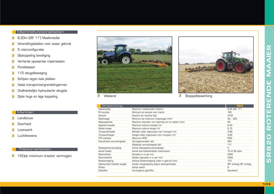 minimum tractor vermogen Weiland Stoppelbewerking Omschrijving Maaibreedte PK vereiste Gewicht Maaihoogte Maaicapaciteit Algehele breedte Gehele lengte Transportbreedte Transporthoogte PTO snelheid