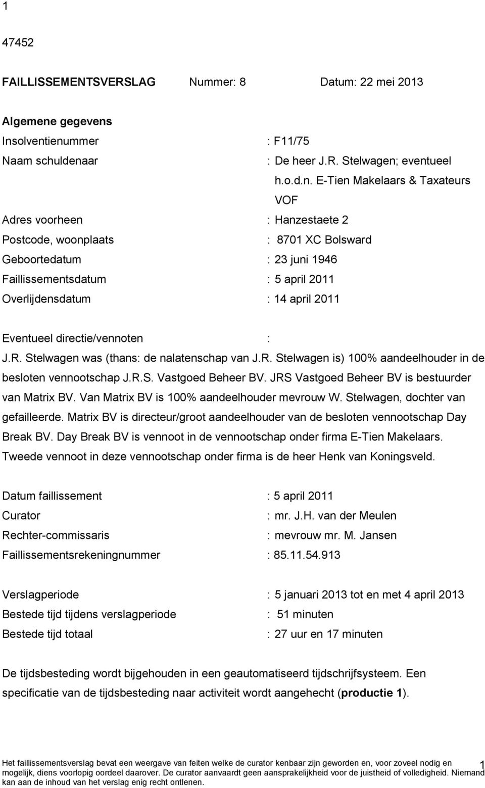 Insolventienummer : F11/75 Naam schuldenaar : De heer J.R. Stelwagen; eventueel h.o.d.n. E-Tien Makelaars & Taxateurs VOF Adres voorheen : Hanzestaete 2 Postcode, woonplaats : 8701 XC Bolsward