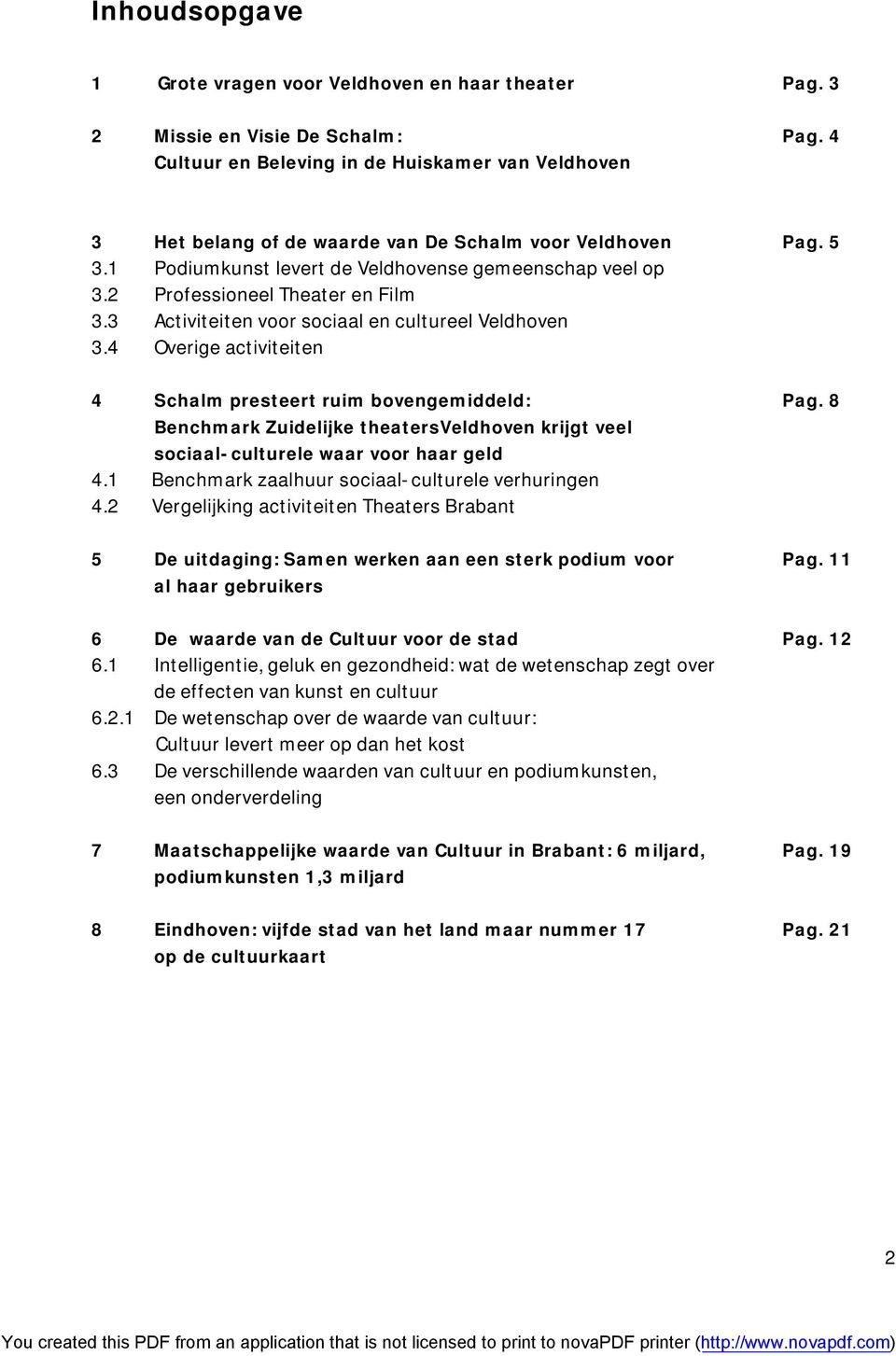 2 Professioneel Theater en Film 3.3 Activiteiten voor sociaal en cultureel Veldhoven 3.4 Overige activiteiten 4 Schalm presteert ruim bovengemiddeld: Pag.