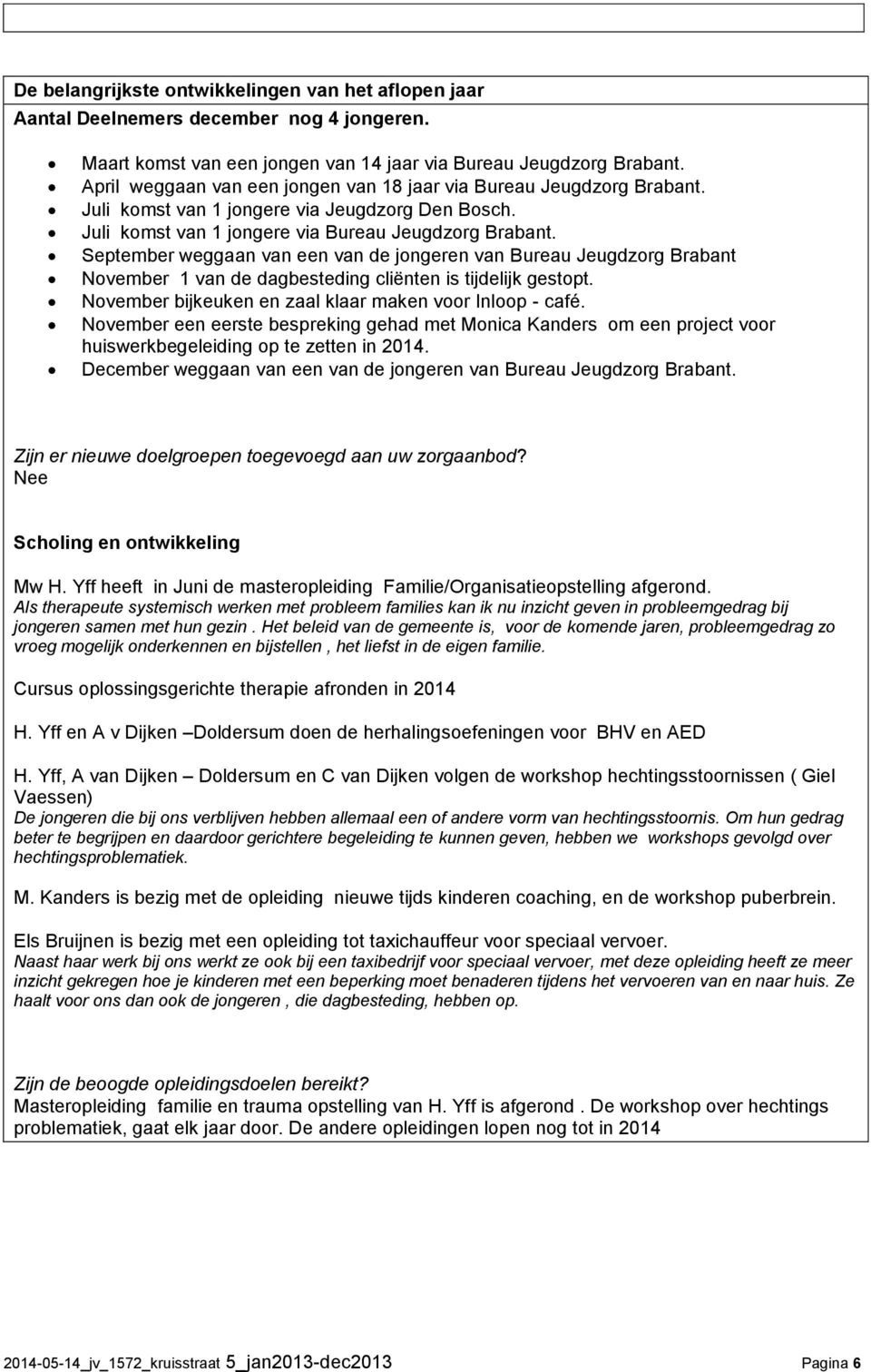 September weggaan van een van de jongeren van Bureau Jeugdzorg Brabant November 1 van de dagbesteding cliënten is tijdelijk gestopt. November bijkeuken en zaal klaar maken voor Inloop - café.