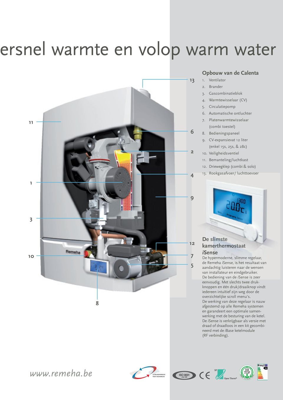 Rookgasafvoer/ luchttoevoer 9 3 10 8 12 7 5 De slimste kamerthermostaat rmos taatat isense De hypermoderne, rn e, slimme regelaar, de Remeha isense, e is het resultaat van aandachtig luisteren naar