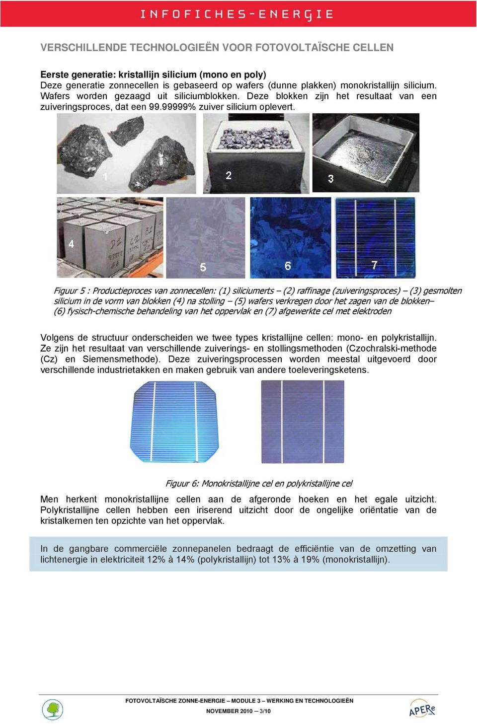 Figuur 5 : Productieproces van zonnecellen: (1) siliciumerts (2) raffinage (zuiveringsproces) (3) gesmolten silicium in de vorm van blokken (4) na stolling (5) wafers verkregen door het zagen van de