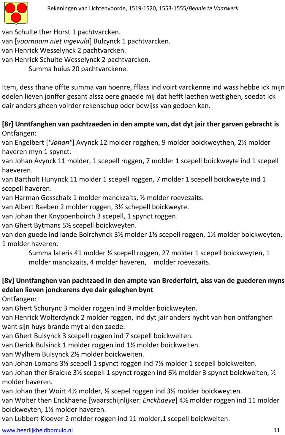 Item, dess thane offte summa van hoenre, fflass ind voirt varckenne ind wass hebbe ick mijn edelen lieven jonffer gesant alssz oere gnaede mij dat hefft laethen wettighen, soedat ick dair anders