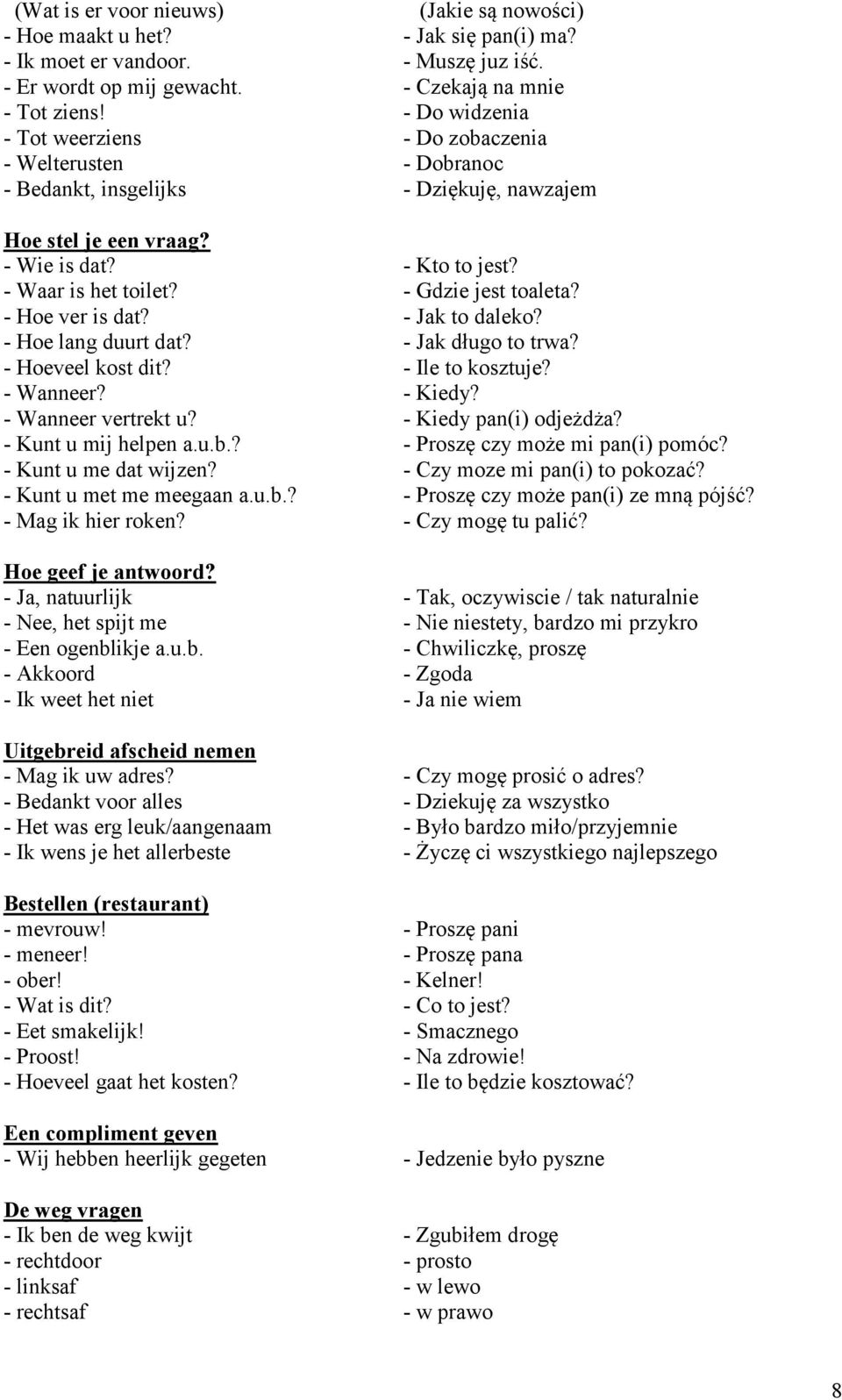 - Gdzie jest toaleta? - Hoe ver is dat? - Jak to daleko? - Hoe lang duurt dat? - Jak długo to trwa? - Hoeveel kost dit? - Ile to kosztuje? - Wanneer? - Kiedy? - Wanneer vertrekt u?